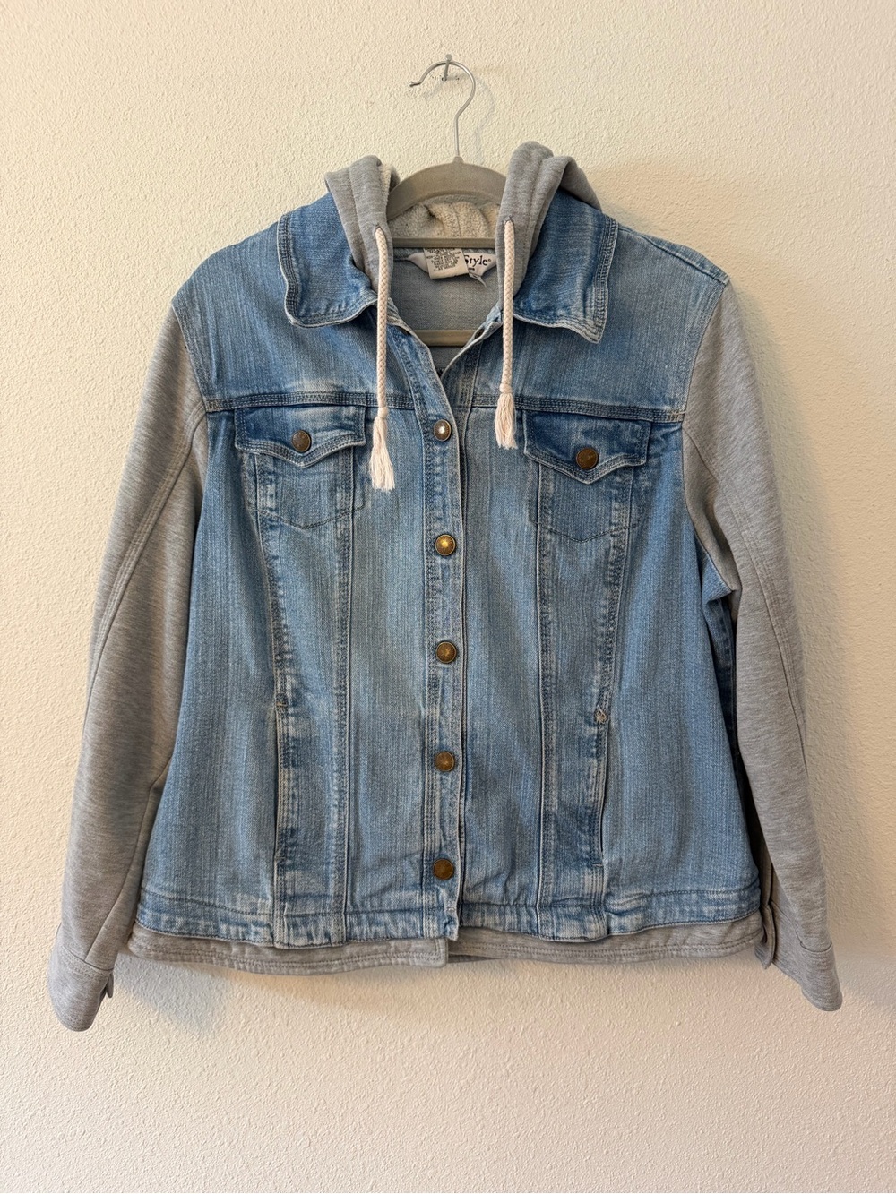NorthStyle Light Blue Denim Jacket with Gray Hoodie Sleeves
